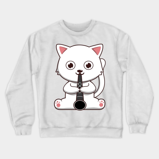 Cute White Cat Playing The Clarinet Crewneck Sweatshirt by Luna Illustration